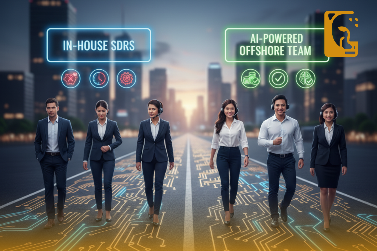A sleek, high-tech illustration of a road splitting into two paths in a modern city setting. On the left, a sign reads 'In-House SDRs' above icons for cost and time, with a diverse team of professionals. On the right, a sign reads 'AI-Powered Offshore Team' above icons for quality and efficiency, with a team of Filipino professionals wearing headsets, demonstrating different sales team models.