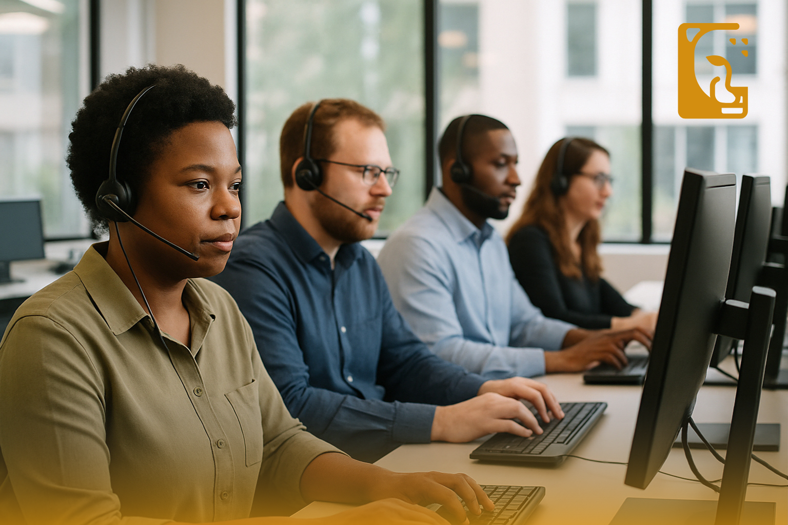 Customer support and sales team wearing headsets and working at computers in a modern office