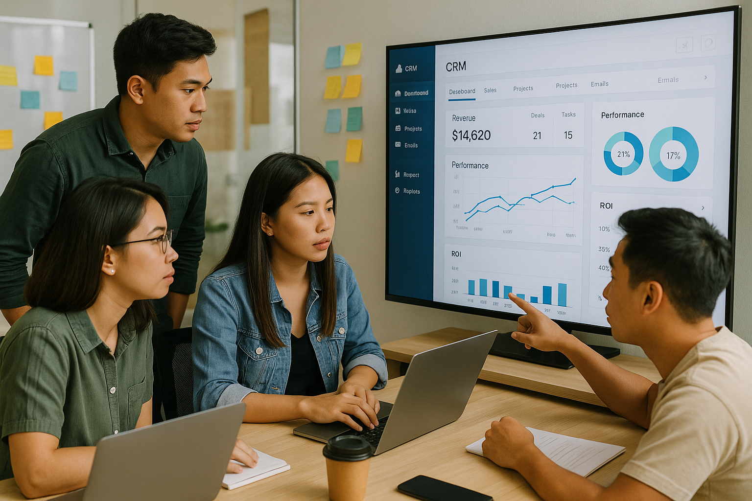 Team reviewing CRM dashboard metrics, revenue data, and performance charts during a strategy meeting