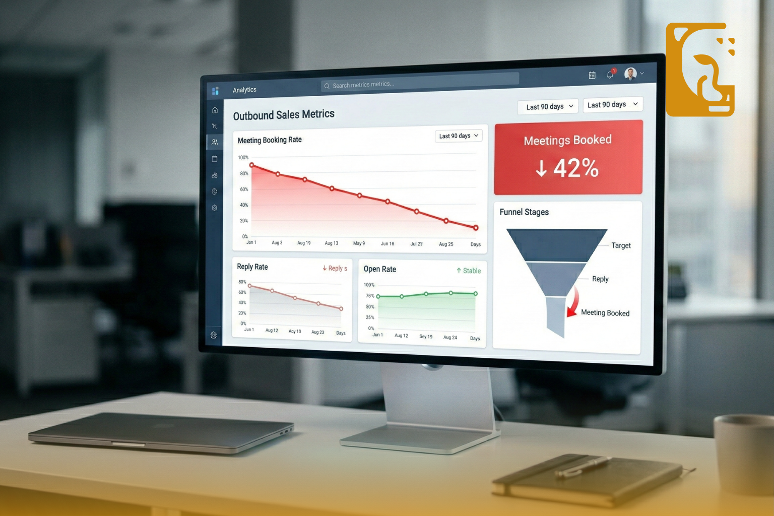 Dashboard showing outbound sales metrics including meeting booking rate, reply rate, open rate, and funnel stages over the last 90 days