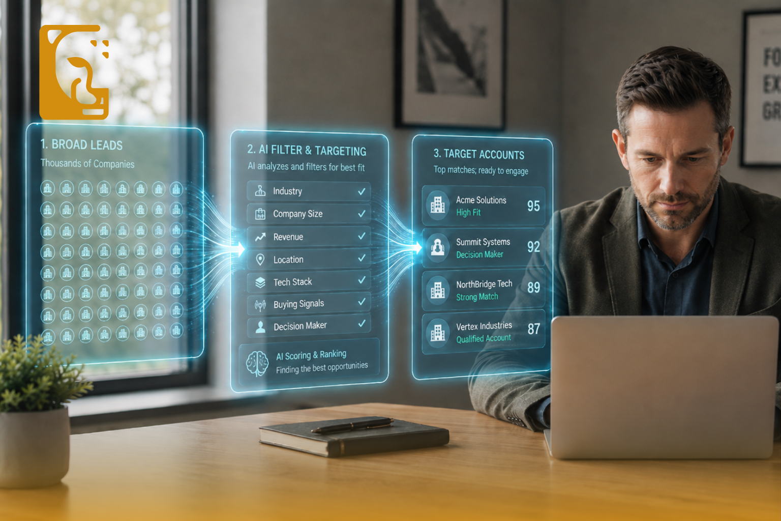 Business professional reviewing an AI lead targeting dashboard that filters broad leads by industry, company size, revenue, location, tech stack, buying signals, and decision maker fit to identify target accounts.
