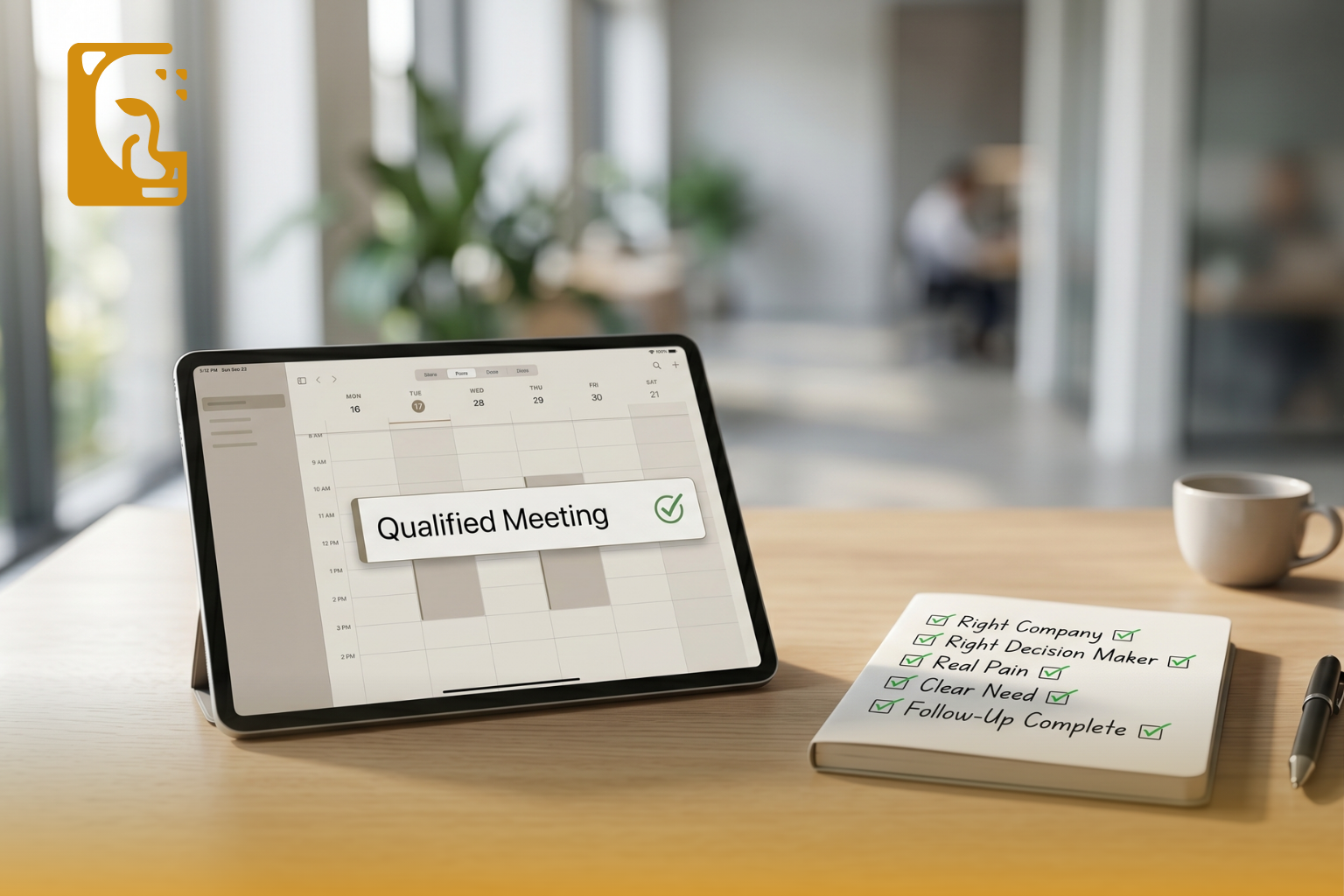 Tablet showing a qualified meeting on a calendar next to a checklist with criteria such as right company, right decision maker, real pain, clear need, and follow-up complete.