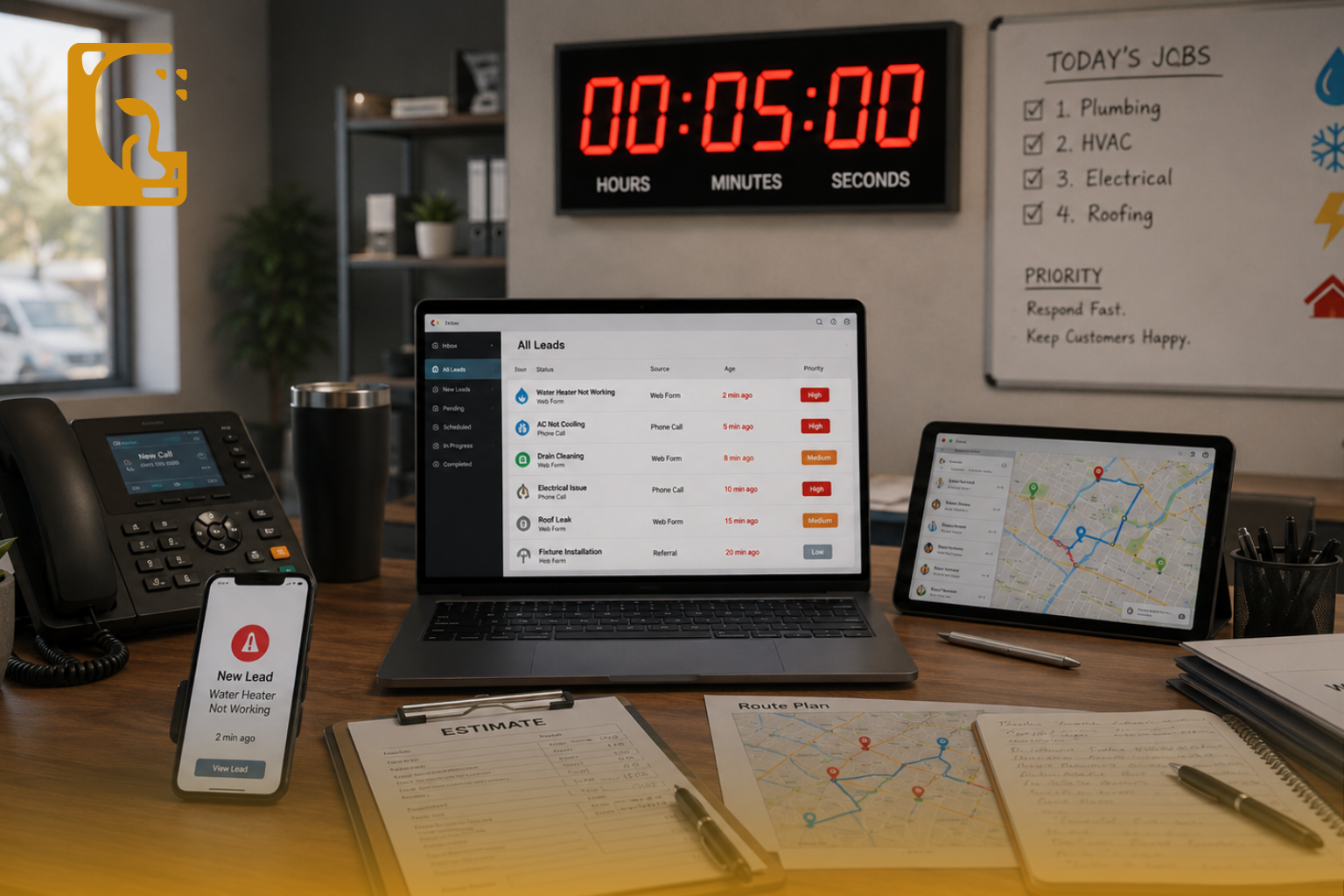 Office desk with a laptop showing home service leads, a five-minute response timer, phone alert, route map, and job board for plumbing, HVAC, electrical, and roofing inquiries.